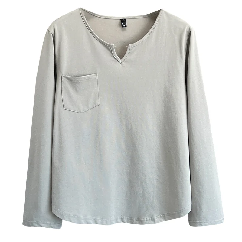 XL Women's Tops Spring And Autumn Clothing New Loose long-sleeved V-neck T-shirt