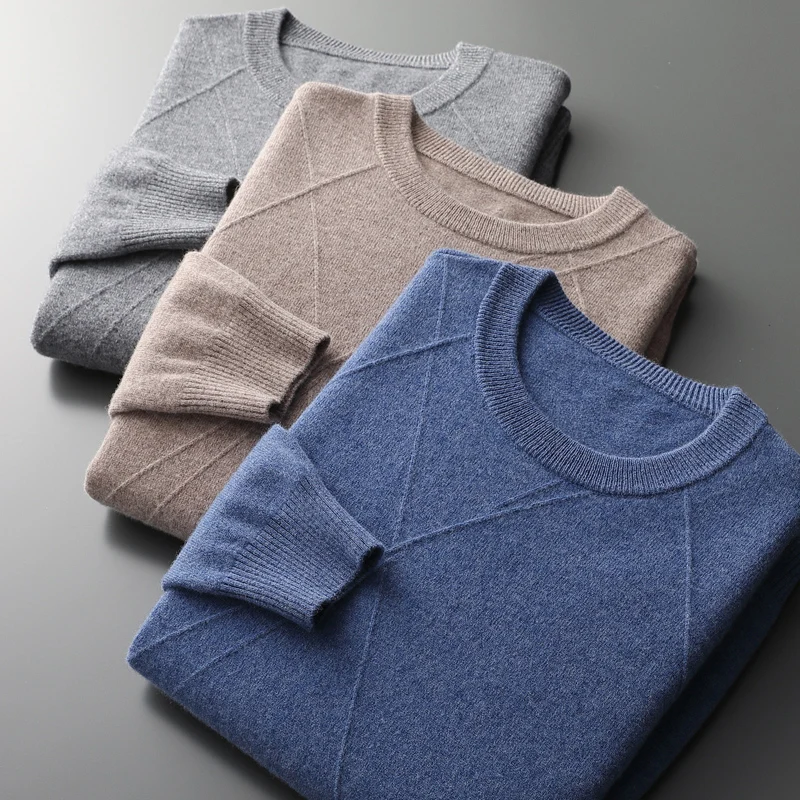 Autumn And Winter Clothing 100% Pure Cashmere Color Contrast Round Neck Jacquard New Base Knitted Warm Sweater Men\'s Youth Trend