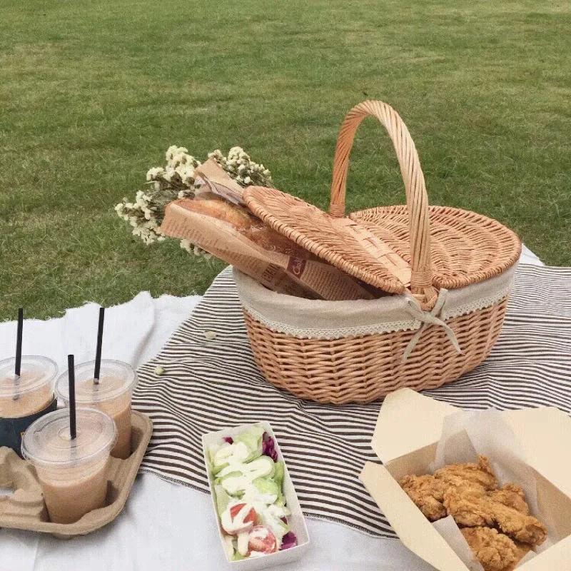 Rattan Willow Woven Picnic Basket Spring Outing Supplies Fruit Basket Shopping Vegetable Basket for Outdoor Camping