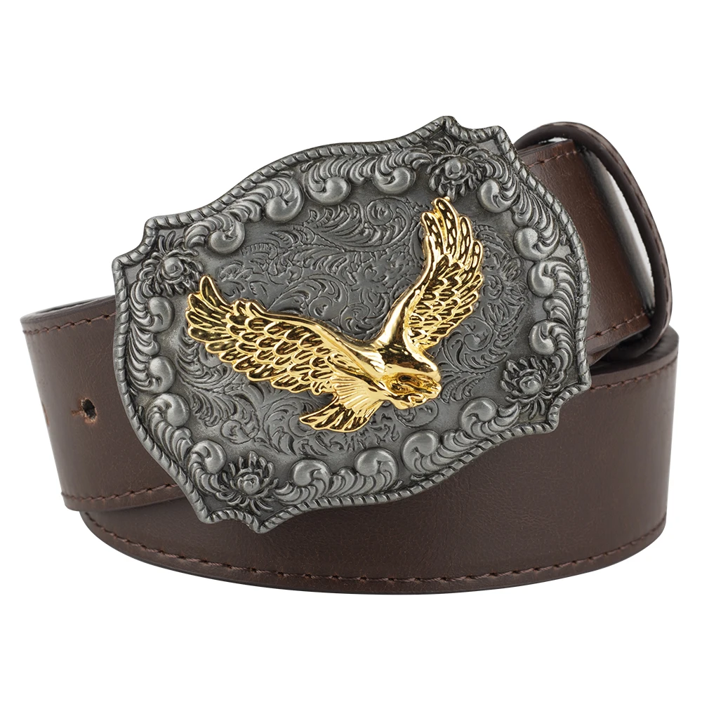 Golden Eagle Buckle Leather Belt Men Wild West Cowboy Style Horse Gold Bull Ridding Head Waistband Jeans Women\'s Gift