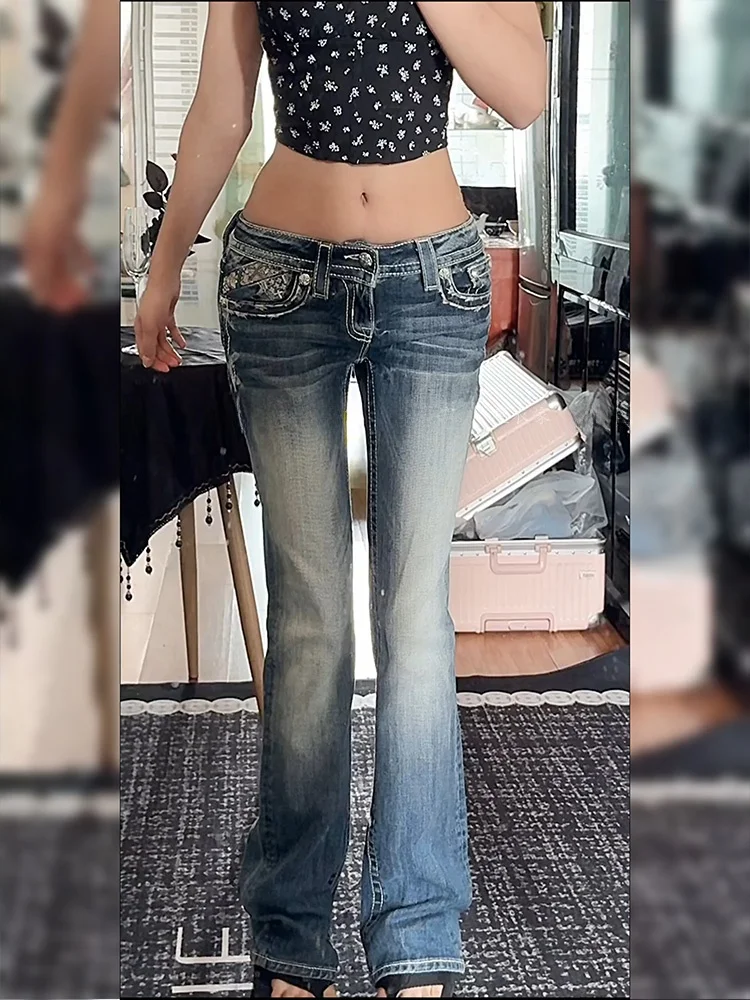 

Retro American Waed Embroidered Low Waist Jeans Women Y2K Millennium Spicy Slimming Floor-Length Pants Straight Leg Jeans