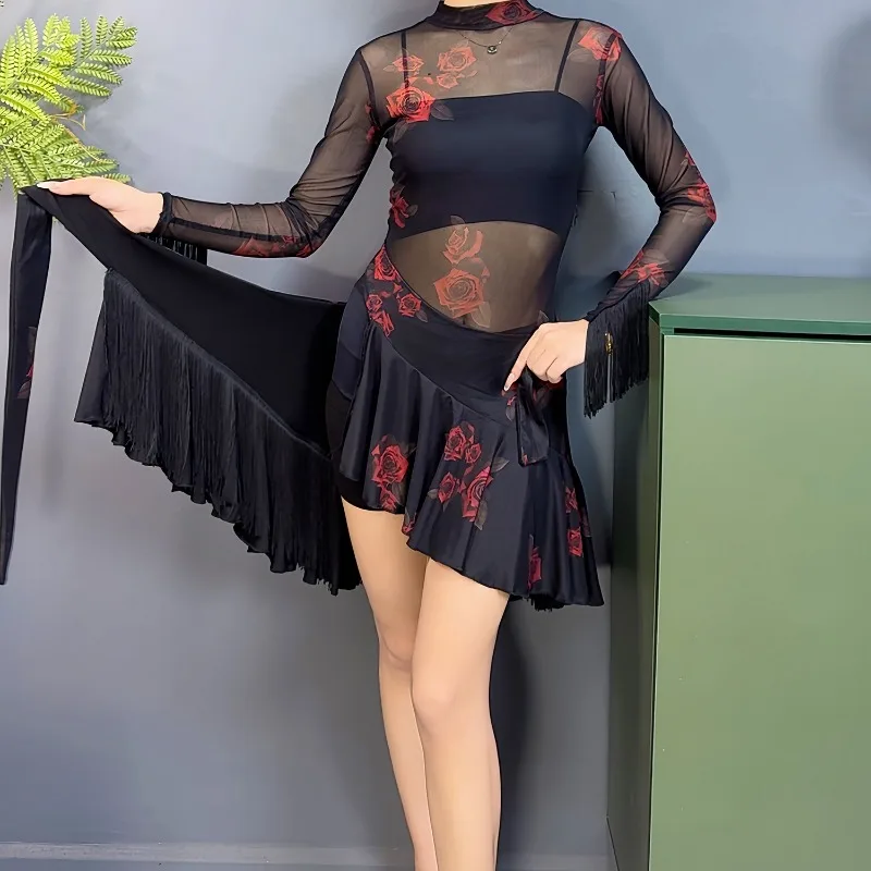 

Women Double Sided Fringe Latin Dance Skirt Floral Decor Adult National Standard Modern Ballroom Training Competition Costume