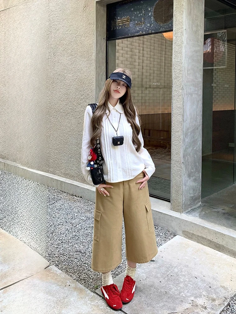 

Женские повседневные брюки-кюлоты из чистого хлопка цвета хаки, свободного кроя, утягивающие, для весны и осени