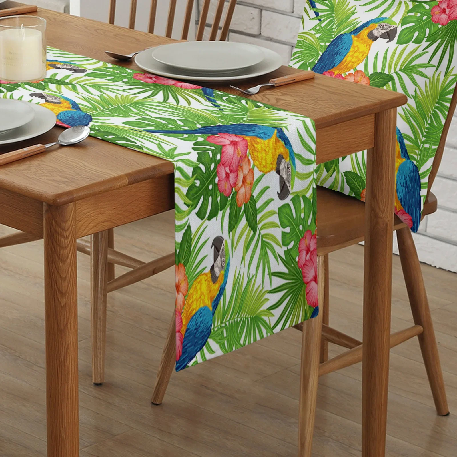 Parrot Flower Tropical Plant Green Leaf Linen Table Runner Holiday  Party Decor Reusable Kitchen Dining Table Runners Home Decor