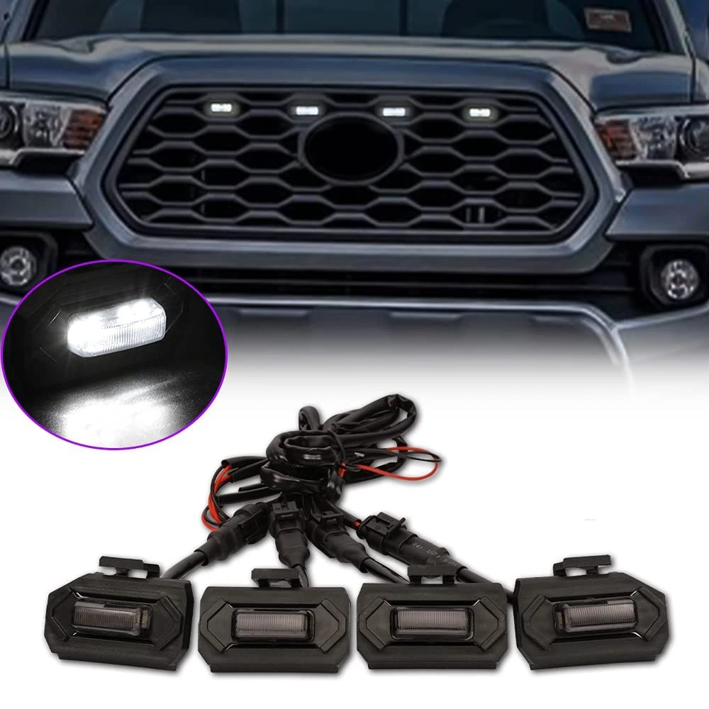Luzes LED Front Grill para Toyota Tacoma Raptor TRD, esporte Off Road, lâmpada de grelha externa, luz branca, 2020, 2021, 4pcs