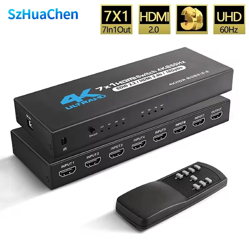 สวิตช์2.0 HDMI 7 in 1 Out 4K 60Hz HDMI สวิตช์5X1/4X1 HDR HDMI 2.0สลับรีโมทสำหรับ PS5 Xbox Series X NS สวิตช์พีซี4K HDTV