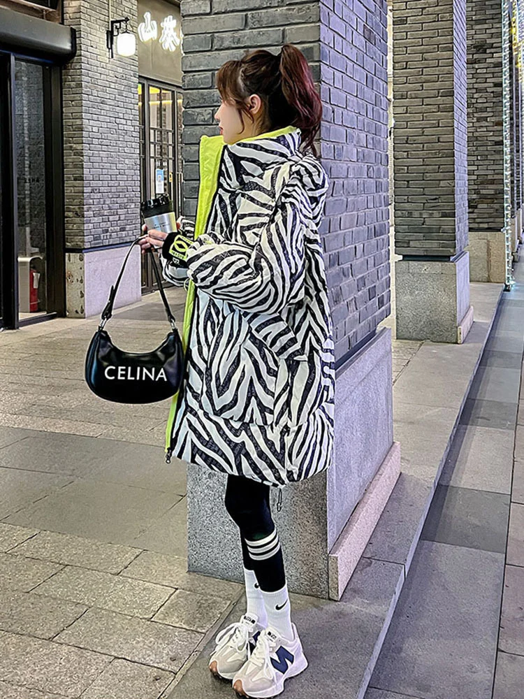 Fashion Pattern Glossy Zebra White Duck Jacket Women Long sleeve Hooded Parka Winter Thick Warm Down Coat Female Streetwear