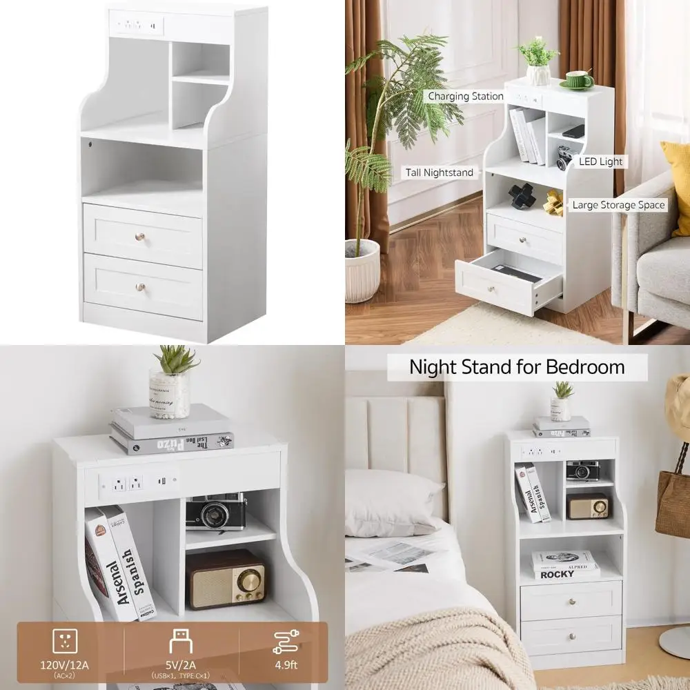 

Large LED Smart Wood Nightstand with Charging Station and Drawers for Bedside Use