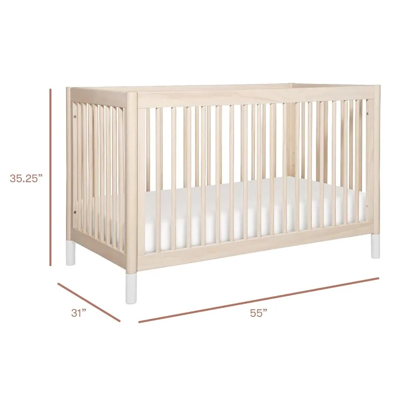 Cuna convertible 4 en 1 con conversión de cama para niños pequeños en blanco y natural lavado, certificación Greenguard Gold