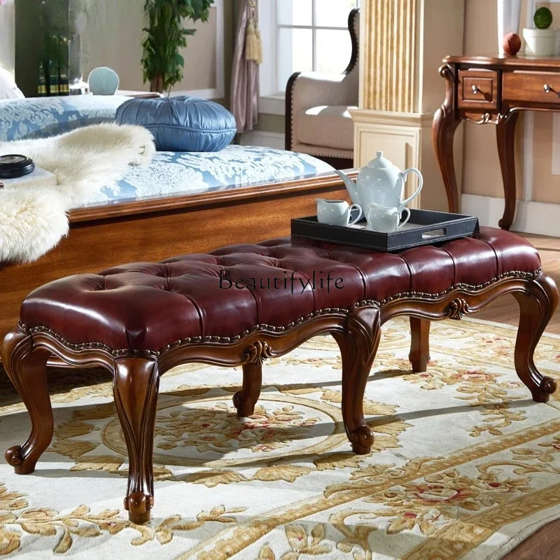 

yj19 American Style Genuine Leather Bed End Stool European Style All Solid Wood Clothes Stool Bedroom Bed Bench