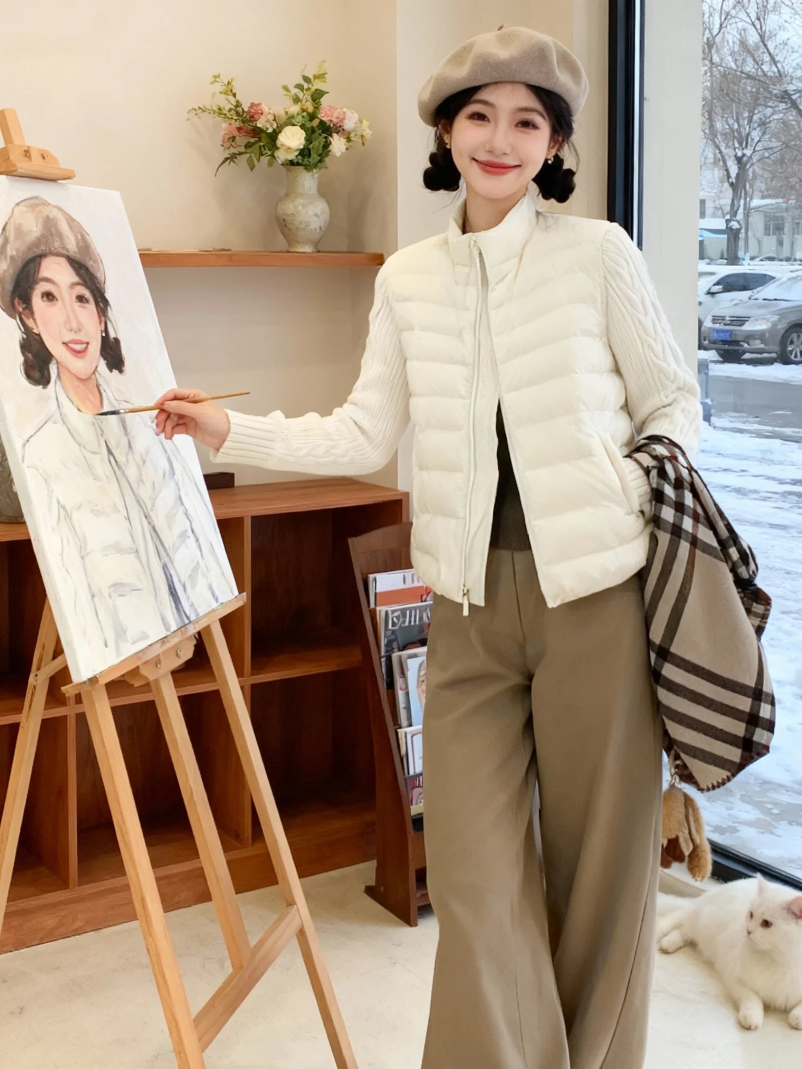 

Unique Beautiful Patchwork Stand Collar Cotton Jaet Winter Outerwear Women's Sle 2025 New Collection Haome Set Pants