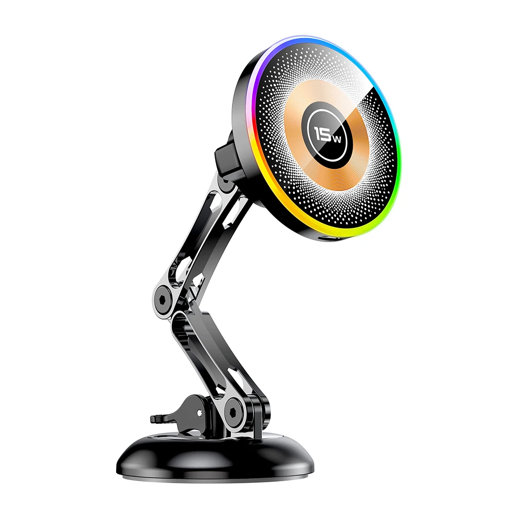

2026 New Car Phone Mount Magnetic Wireless Charger with RGB Ambient Light, 360-Degree Rotating Foldable Vacuum Suction Car Navig
