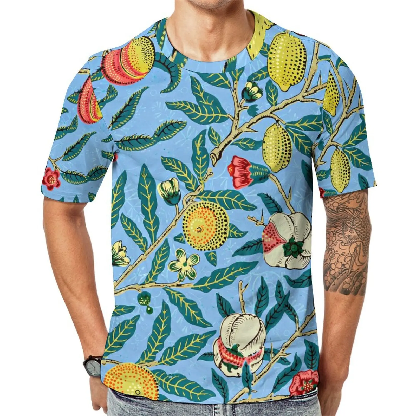 Fruit Print T-Shirt For Men Green Leaves Printed O Neck T-Shirts Original Hip Hop  Clothing Short Sleeve Casual Plus Size Tees