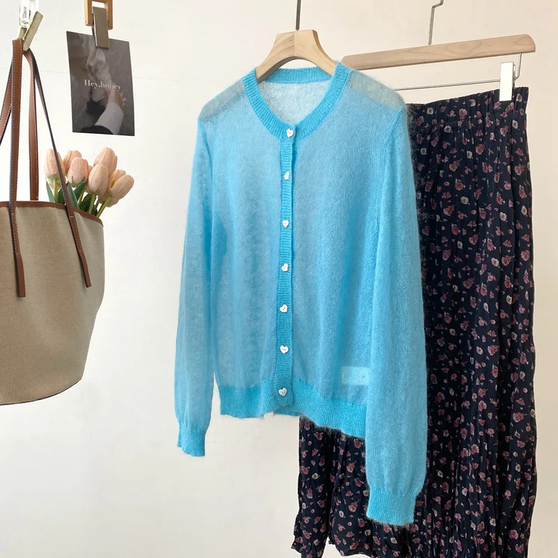 

Dave&di Early Spring New Product: Mohair Round Neck Long Sleeved Knitted Cardigan For Women Lightweight High Quality Thin Out