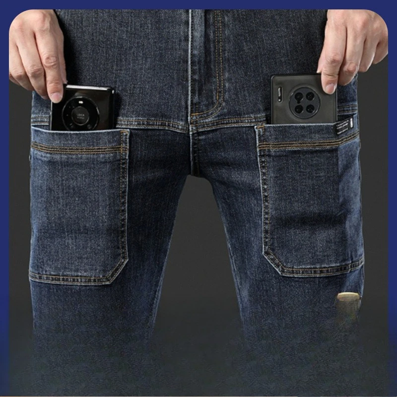2026 Spring Summer Men's Multi‑Pocket Jeans Elastic Straight Leg Casual Slim Fit Six‑Pocket Versatile Denim Long Pants