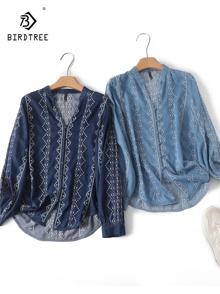

New 2025 Autumn Long Sleeve Tence Denim Shirt, Women V Neck Embroidery, Mori Girl Retro Simplicity Commute Loose Blouse T56116CC