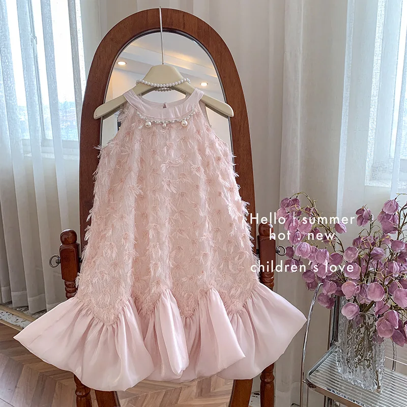 Korean Girls Princess Dress Summer Neck Hanging Fashion and Western-style Dress Feather Pearl Neck Hanging Dress