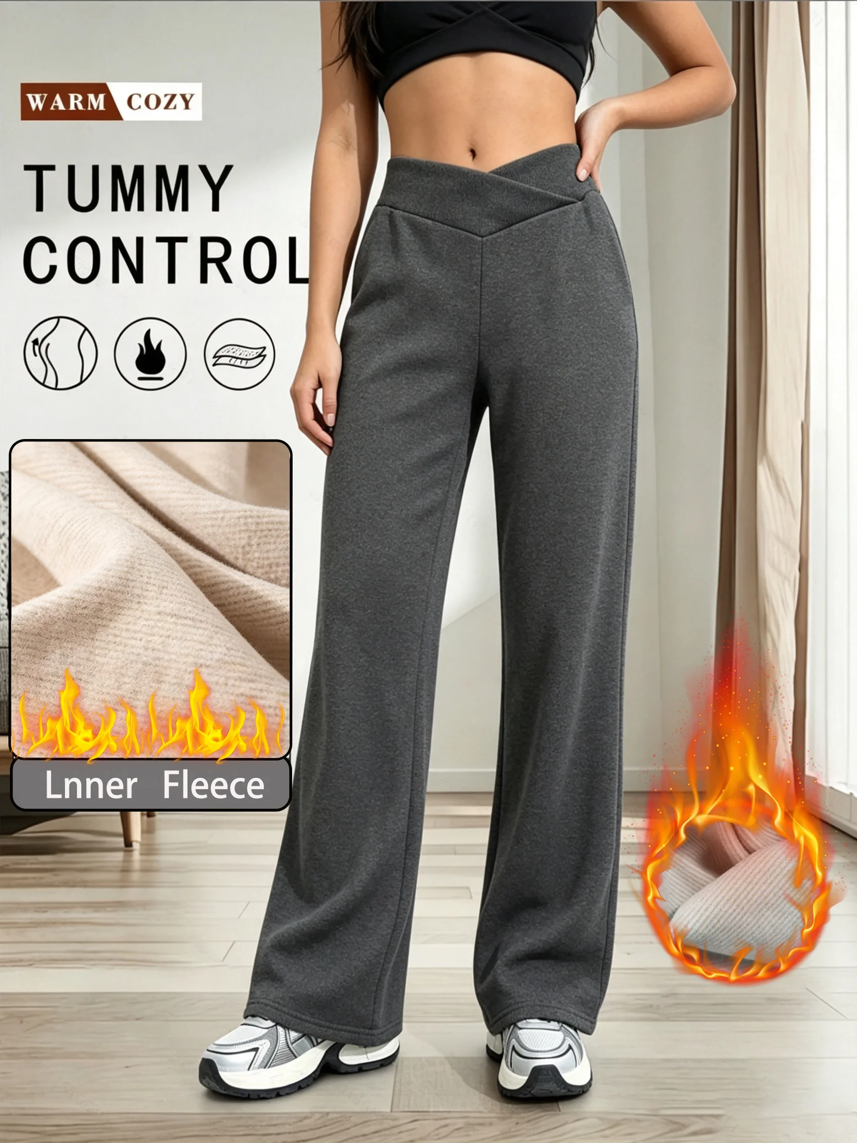 Women's Cross V Waist Fleece Lined Straight Yoga Pants, Tummy Control, Stretchy Wide Leg, Sports Casual Winter Warm Trousers