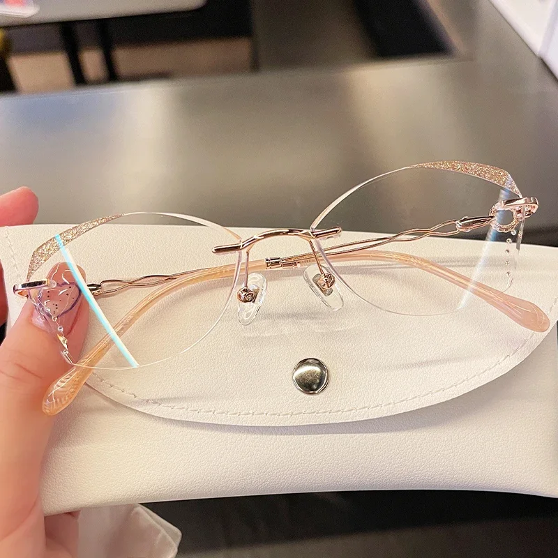 Myopia Glasses Ultra-Light Diamond Frameless Trimming Myopia Female Anti-Blue Light Glasses Rim Changing Color under Sunlight