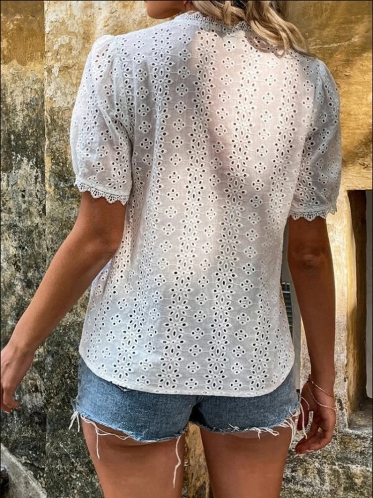 Summer Hollow Lace Blouse Women Elegant Vintage Shirts Puff Sleeve Tops Pullover White Women Fashion V-neck Solid Shirt 21385