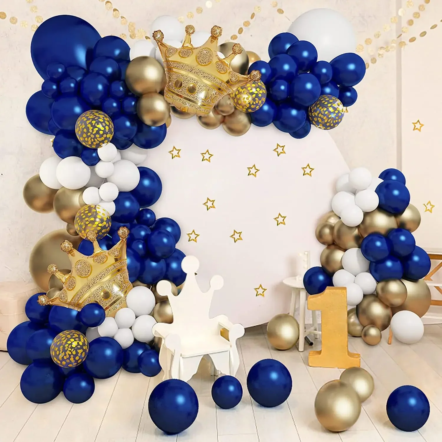 Royal Prince Balloon Garland Arch, Blue and Gold Crown Balloons, Prince Baby Shower Decorations, Birthday Party Supplies for Boy