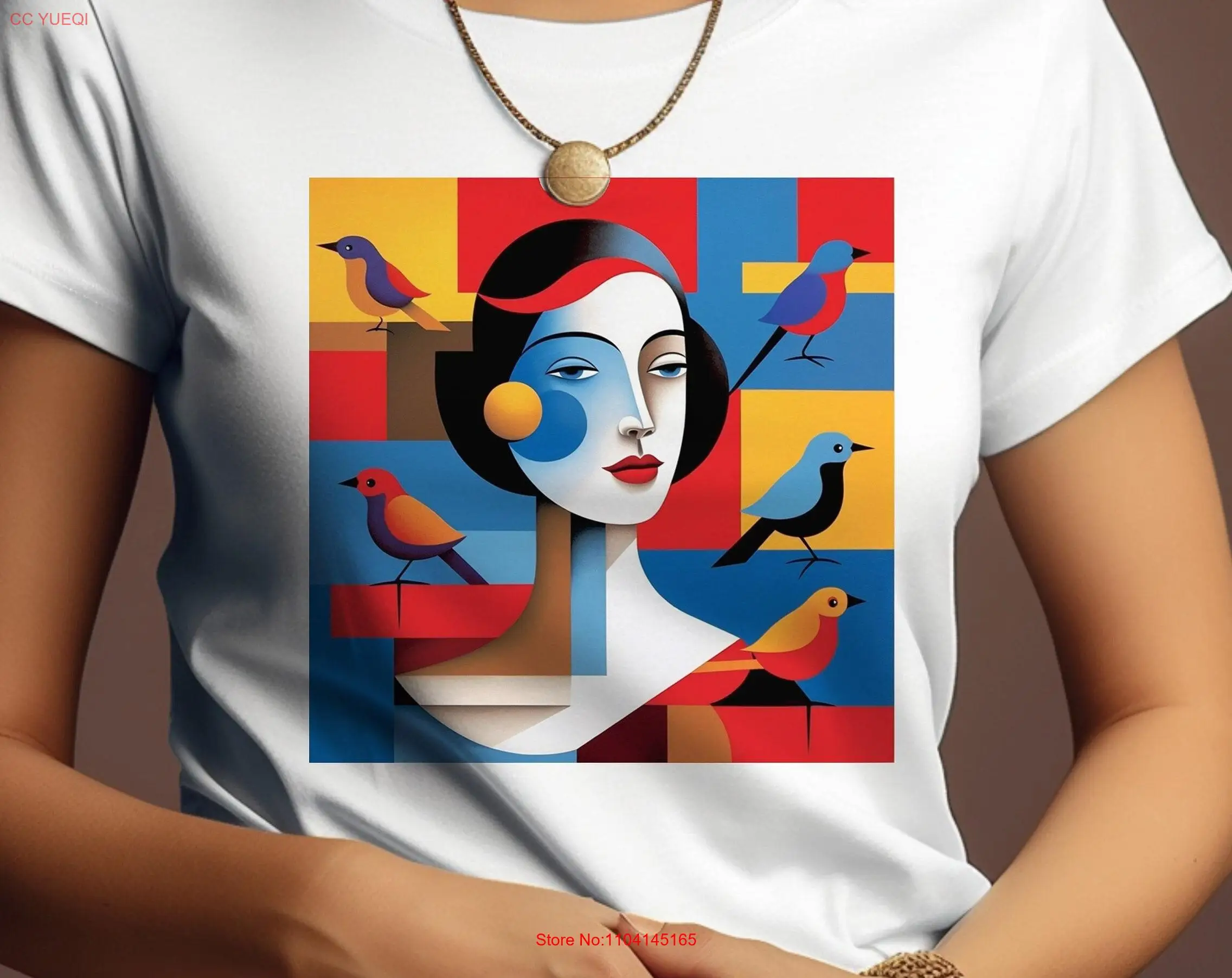 Lady with Birds Modern Art t shirt long or short sleeves