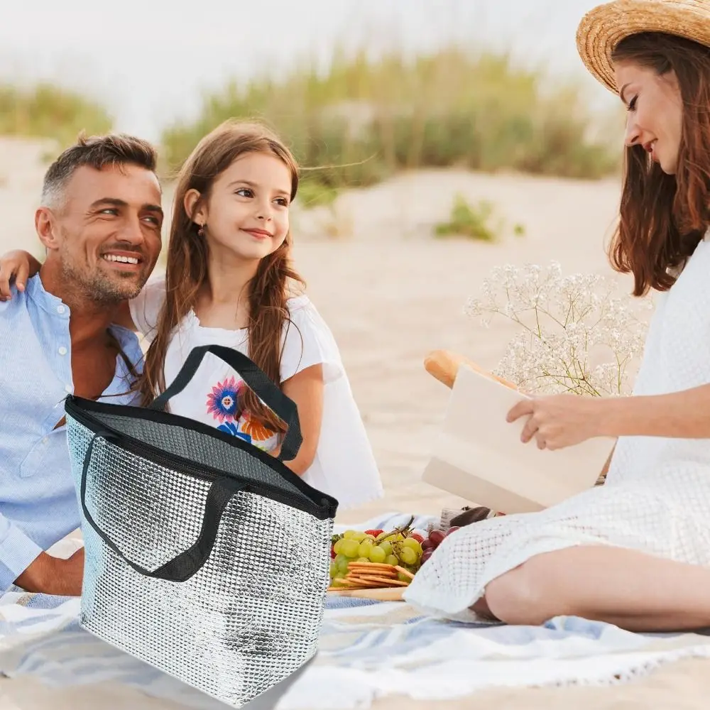New Aluminum Foil Lining Lunch Bag Zipper Closure Handheld Insulated Cooler Bag Reusable Silver Food Storage Bag Carrying