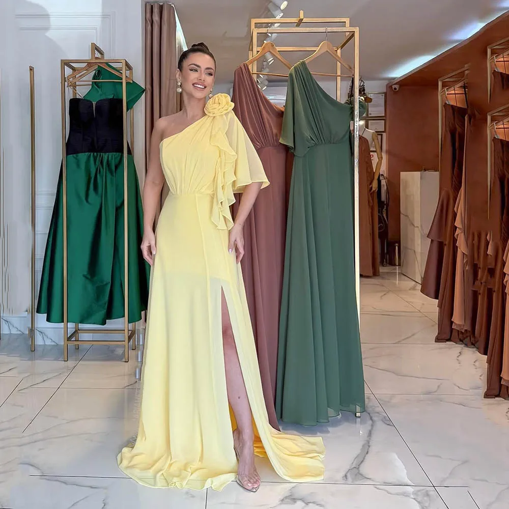 

Msikoods One Shoulder Yellow Evening Dresses Sexy Slit Party Dress Chiffon 3D Flower Formal Wedding Party Dress Customized