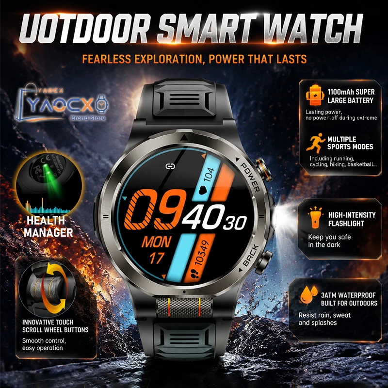 

Outdoor Smart Watch 1100mAh Battery Exclusive Scroll Wheel Buttons 3ATM Waterproof Compass LED Flashlight Sport Modes Smartwatch