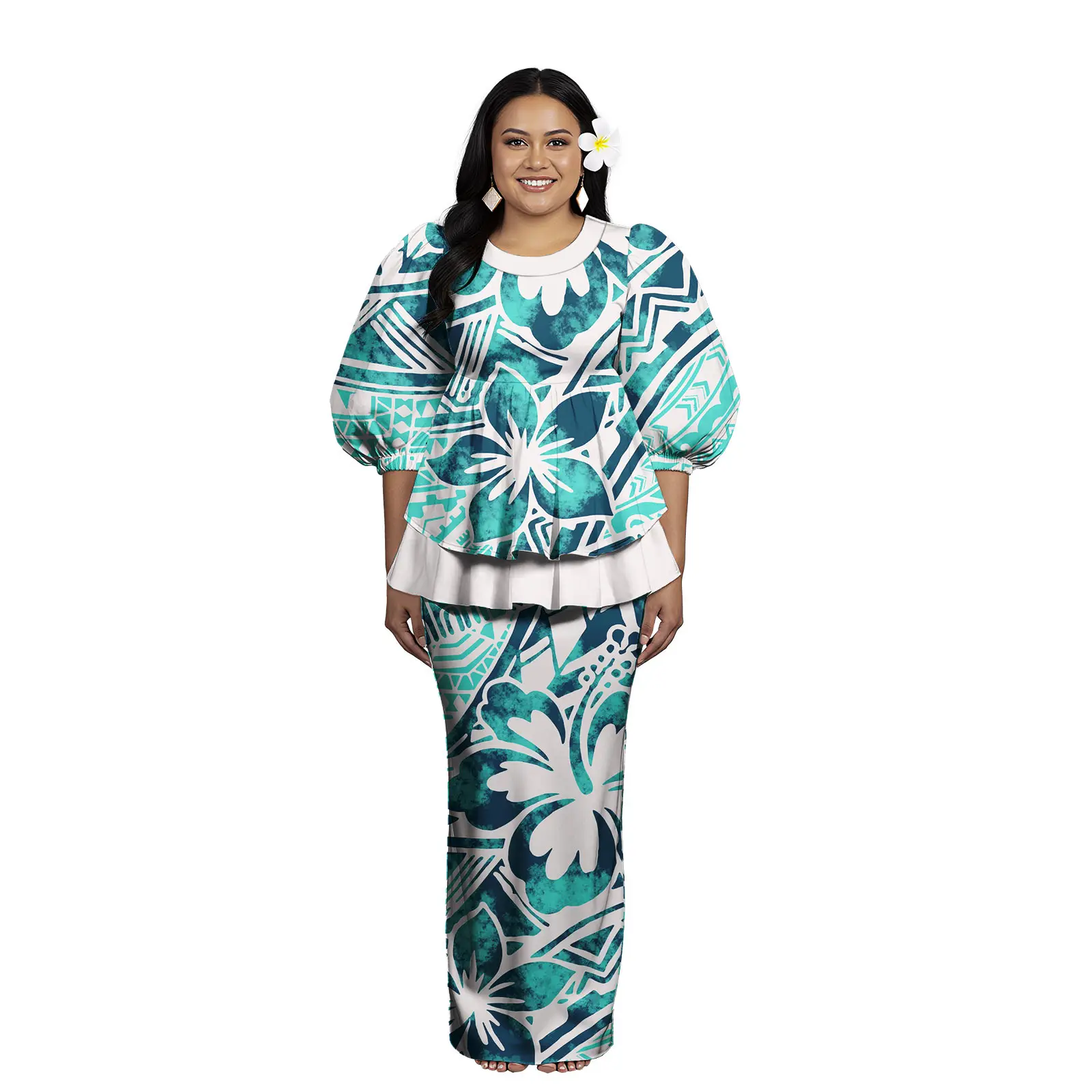 هاواي Puletasi نفخة الأكمام قميص وفساتين النساء 2 قطعة طباعة حسب الطلب Puakenikeni Puletasi حجم كبير فساتين حريمي مخصص