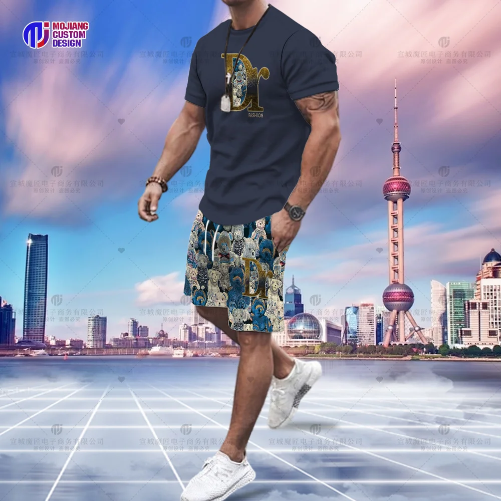 Short-Sleeved Suit Men\'s Top Trend Slim Simple Letter Casual Half-Sleeved T-Shirt Summer Round Neck Bear Pattern Shorts Clothing