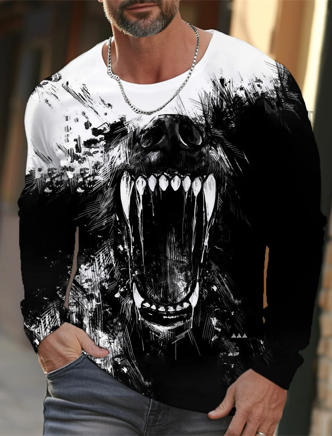 2024 new men\'s long-sleeved t-shirt 3d printed high-definition wolf animal print men\'s autumn tops casual round neck t-shirt