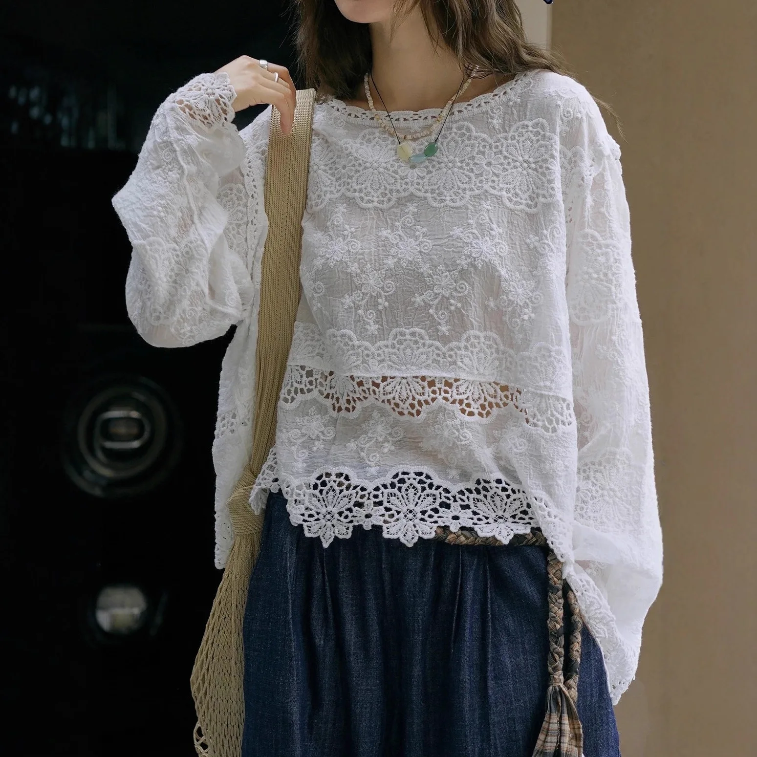 Temperament Lace Cotton Washed Lace Shirt 2026 Summer Three-dimensional Hollow Embroidered Soft Breathable Top Women