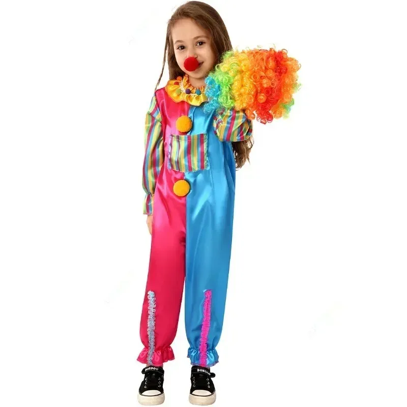 Tuta colorata di alta qualità Clown Cosplay Cos Suit 2024 Carnevale Nuovo costume da spettacolo teatrale per campus a contrasto per bambini