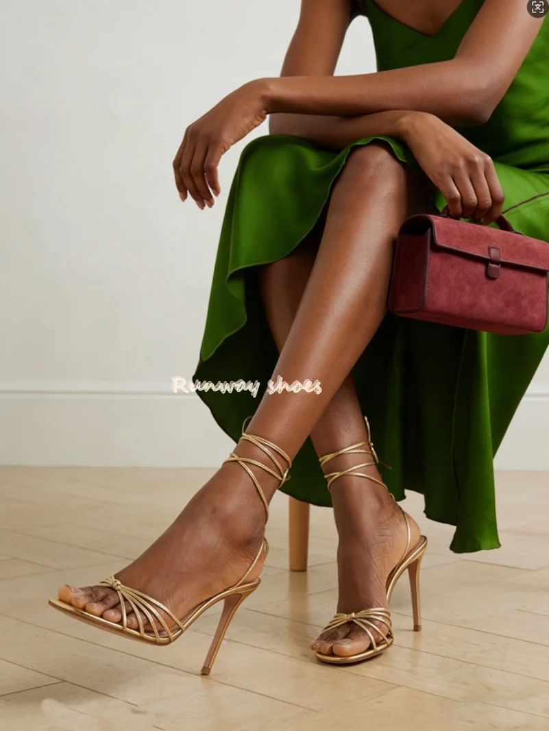 

Square-Headed With Exposed Toes Thin Strap Combination Gold Women's Summer Sandals Ankle Bandage Handmade Luxury Women's Shoes