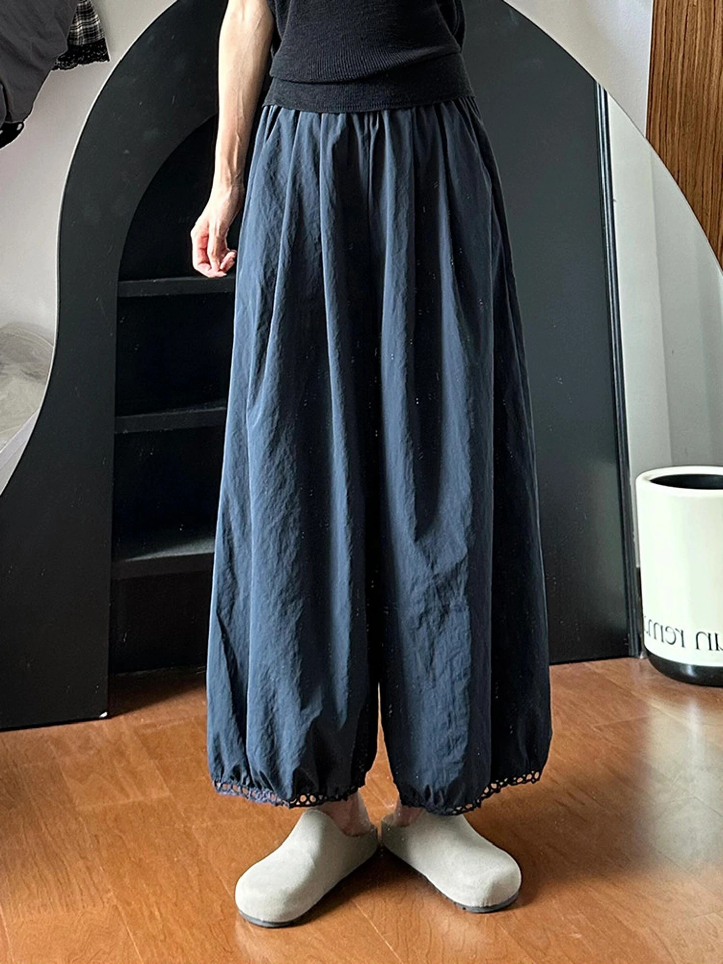 

Summer Thin Wide Leg Pants Women's Ice Silk Quick Dry Flower Bud Nine Points Lantern Pants Korean Style Commute High Waist El...
