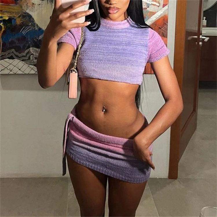 

Gradient Summer Knitted 2 Piece Set For Women Casual O-neck Crop Tops+Bandage Matching Hip Skirts Female Outfits