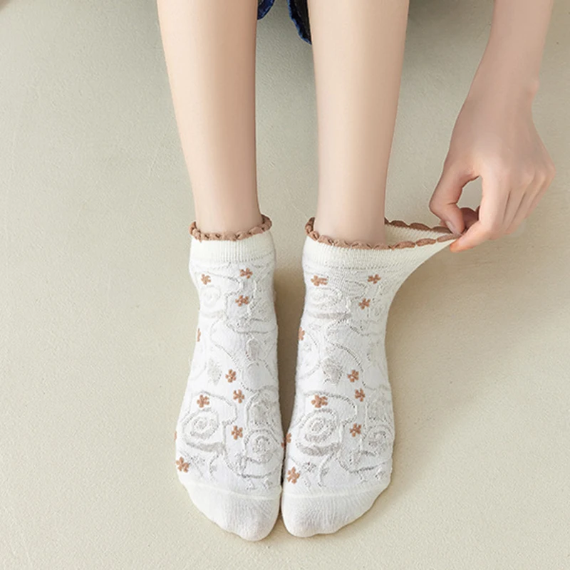 5/10 Pairs Women Flower Patterned Thin Boat Socks Fashionable Spring Summer Pleated Edge Mesh Breathable Sweet Style Casual Sock