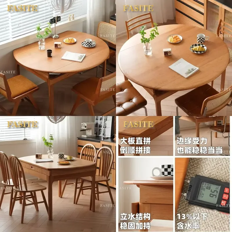 For Nordic Cherry Wood Solid Wood Stretch Dining Table Folding Telescopic Round Square Table Small Apartment Household Space