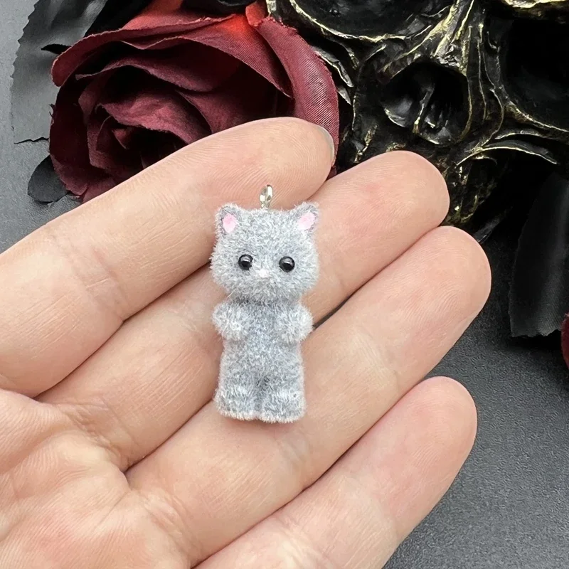 2pcs 35*17mm 3D Cute Fluffy Flocking Cat Kawaii Flocking Charms Miniature Dolls Keychain Pendant DIY Crafts Jewelry Make