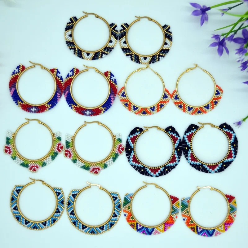 Rice bead earrings Circle Originality Rainbow Bohemia Design Geometry Hand knitting Alloy Female Fashion Simple Beaded earrings