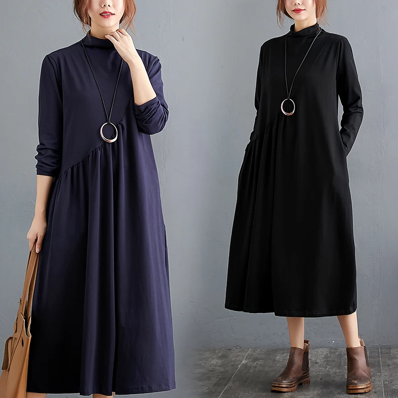 #3458 Spring Autumn Turtleneck Long T Shirt Dress Women Loose Asymmetrical A-line Dress Female Split Joint Pleated Vintage Midi