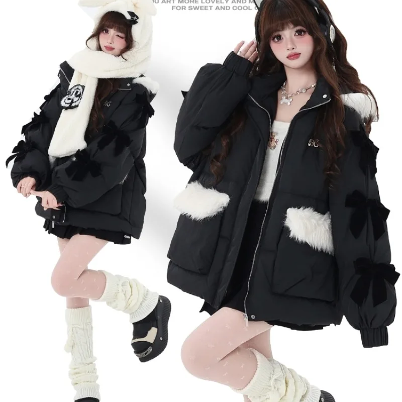 Japanese Sweet Cute Long Sleeves Zipper Parkas Three-dimensional Bow Versatile Black Fur Collar Thickened Warm Down Coat Winter