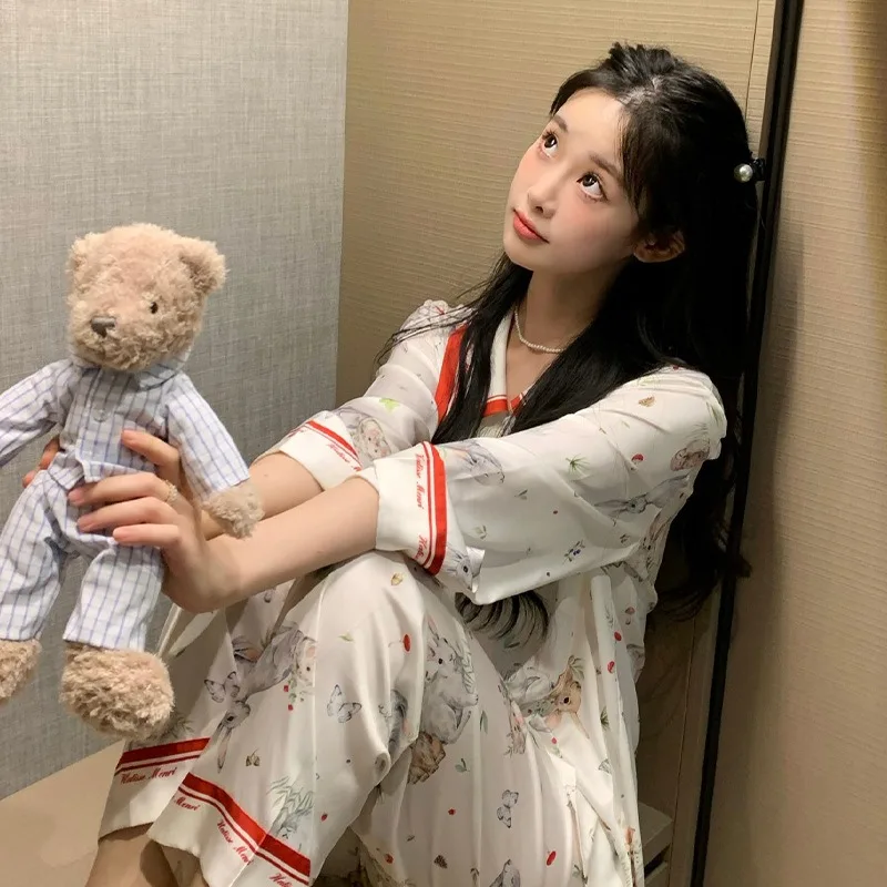 Spring or Summer Smooth and Soft Underwear Ice Silk Pajamas Women's New Long-sleeved Trousers Sweet Loungewear Set age reduction