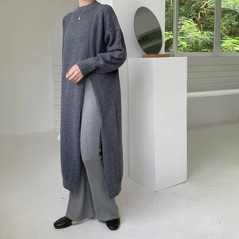 Chic Split Knitted Dress Women Vintage 2023 Autumn O-neck Long Wool Vestido Korean Streetwear Elegant Soft Knitwear Jumper Z49 image 3