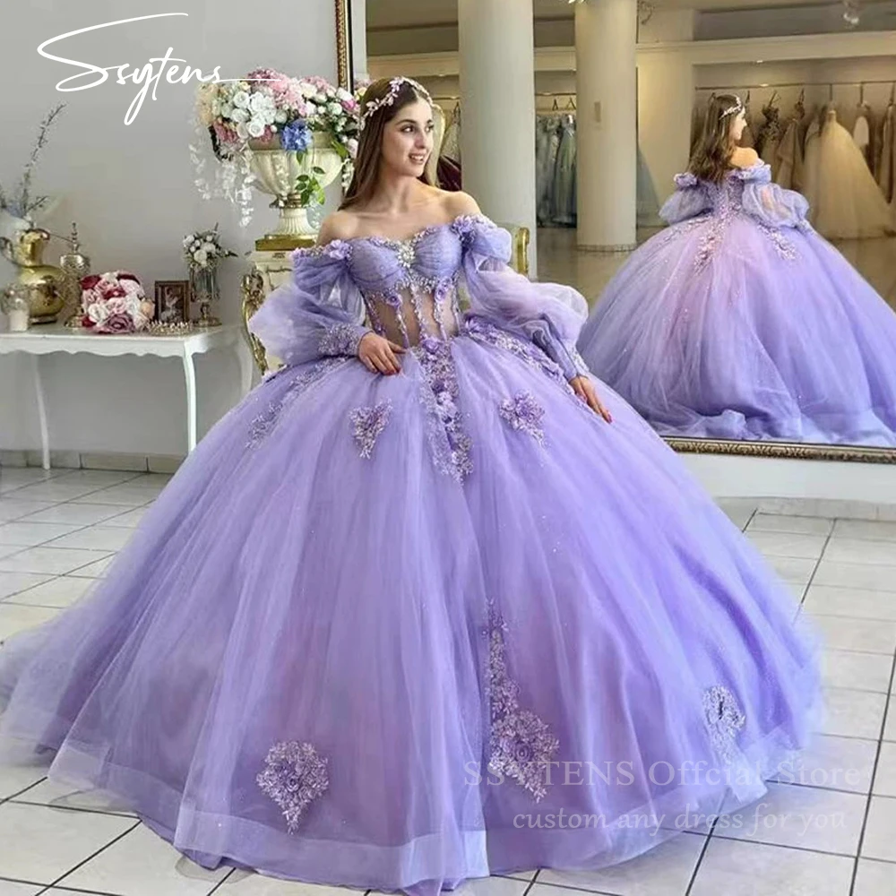 SSYTENS Vestido de Quinceañera Lila, Vestido de Princesa con Hombros Descubiertos, Apliques de Encaje, Cuentas, Cristales y Tul, Vestidos de XV Años