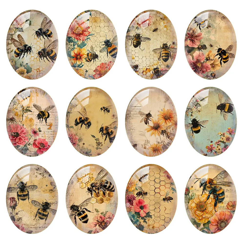 Random Mixed Round/Oval/Square Vintage Honeycomb Bee Floral Photo Glass Cabochon Flatback Demo Cameo For Diy Jewelry Making