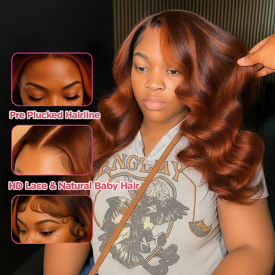 Peruka Bob Krótka z Włosów Naturalnych Ombre Brąz z Pasemkami w Kolorze Imbiru, Krótkie Peruki z Falą Body Wave z Przedziałkiem 13x4, Gotowe do Założenia, Bez Kleju, dla Kobiet