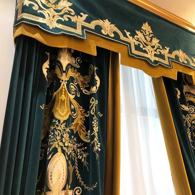 Custom New European luxury flannelette curtain living room villa blue velvet cloth blackout curtain tulle valance drape C1156