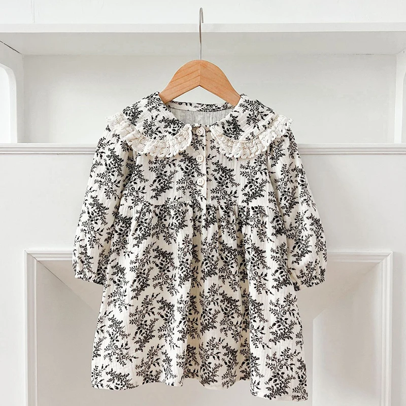 2023 frühling Floral Baby Mädchen Kleid Langarm Kinder Spitze Kleid Baumwolle Prinzessin Kleid Kleinkind Mädchen Kleidung 1-7Yrs Kinder Kleider